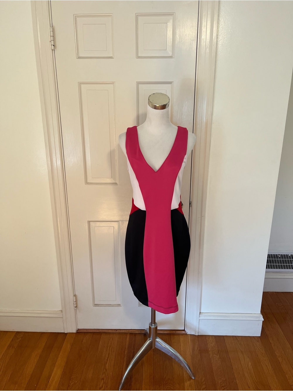 NWT Arden B. Y2K Color Block V Neck Ponte Stripe Sleeve Less Dress XL $69